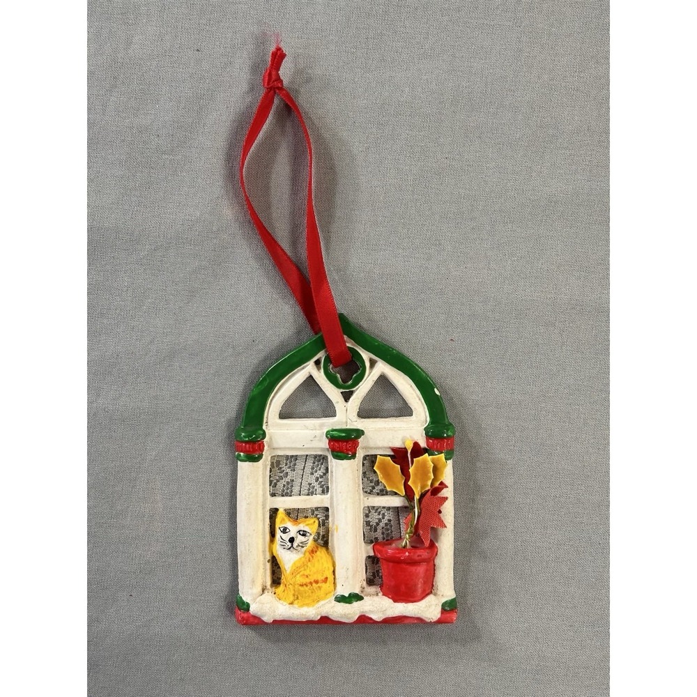 Kurt S Adler 1985 Windowpane Cat In Window Ornament 4"x2 3/4"x1/4" Has Some Wear